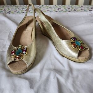 Lindsay Phillips Gold Wedge Sandals with Colorful Gem Accents Size 9